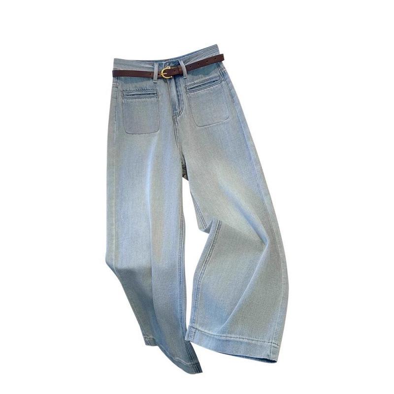 Damen Petite Hellblaue High-Waist Straight-Leg Jeans - Herbst 2024 Schlankmachende Lockere Passform Weitbeinige Hose