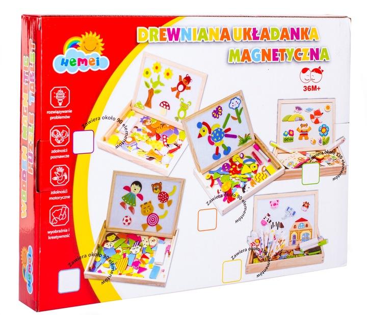 Tablica Magnetyczna Kredowa Drewniana Puzzle Układanka Magnesy 150+ El.