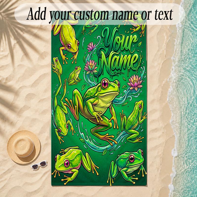 Frog Theme Soft Beach Towel Personalized Custom Name Text Towel Portable for Beach Pool Travel