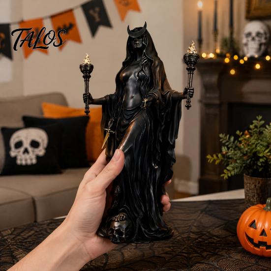 Kompakte gruselige Dekoration Hekate Griechische Göttin Statue mit magischen Hunden, Fantasy-Thema Okkultes Zimmerdekor Harzskulptur, Mythologische Figur für