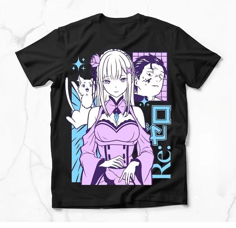 2026 Re:Zero Black Pure Cotton Loose Street Style T-Shirt Featuring Collage Art Prints of Emilia and Natsuki Subaru  Women And Men T-Shirt 4XL
