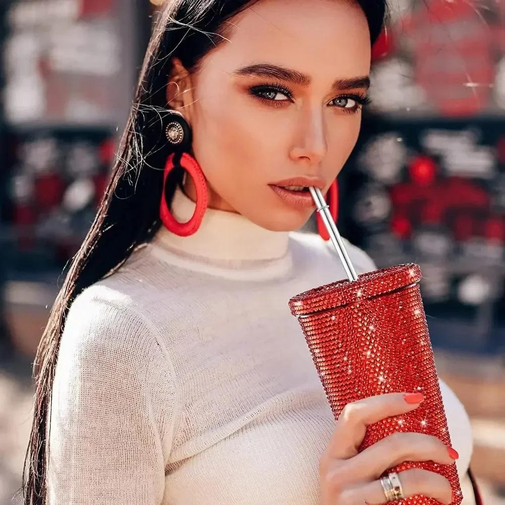 750ml Reusable Straw Cup Double Layer Thermos Cups Women Glitter Cup Water Bottle Gift With Lid Rhinestone Stainless Steel