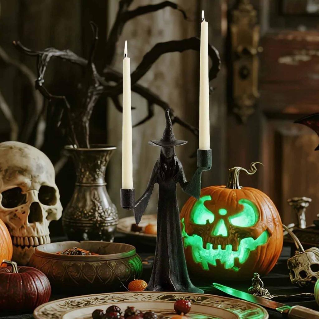 Elegant Witch Candle Holder - Unique Black Halloween Decor Indoor, Table Centerpiece, Window Display