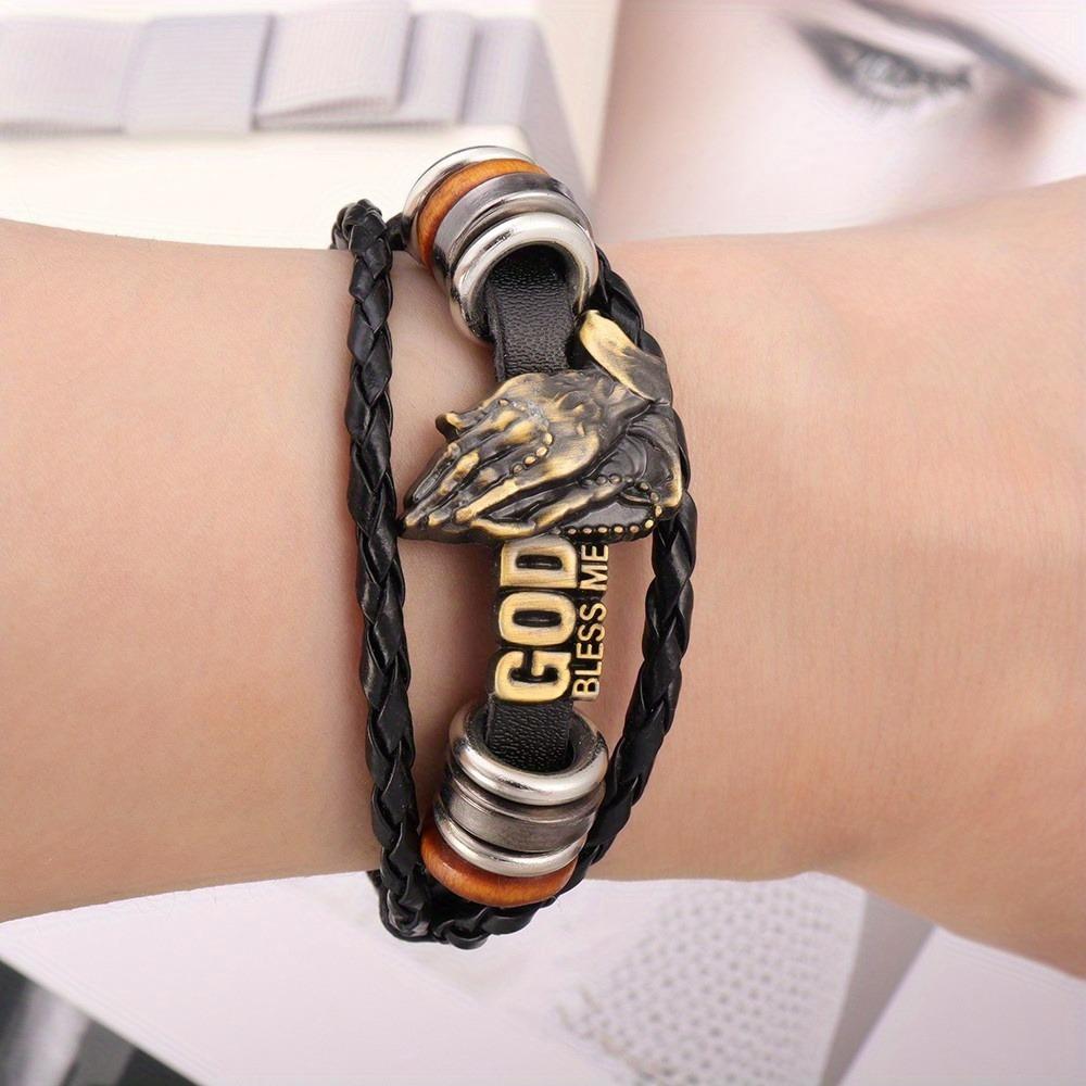 

Кожаный браслет с молитвенными руками - Ретро регулируемый браслет с надписью Боже, благослови , популярный подарок. чистый