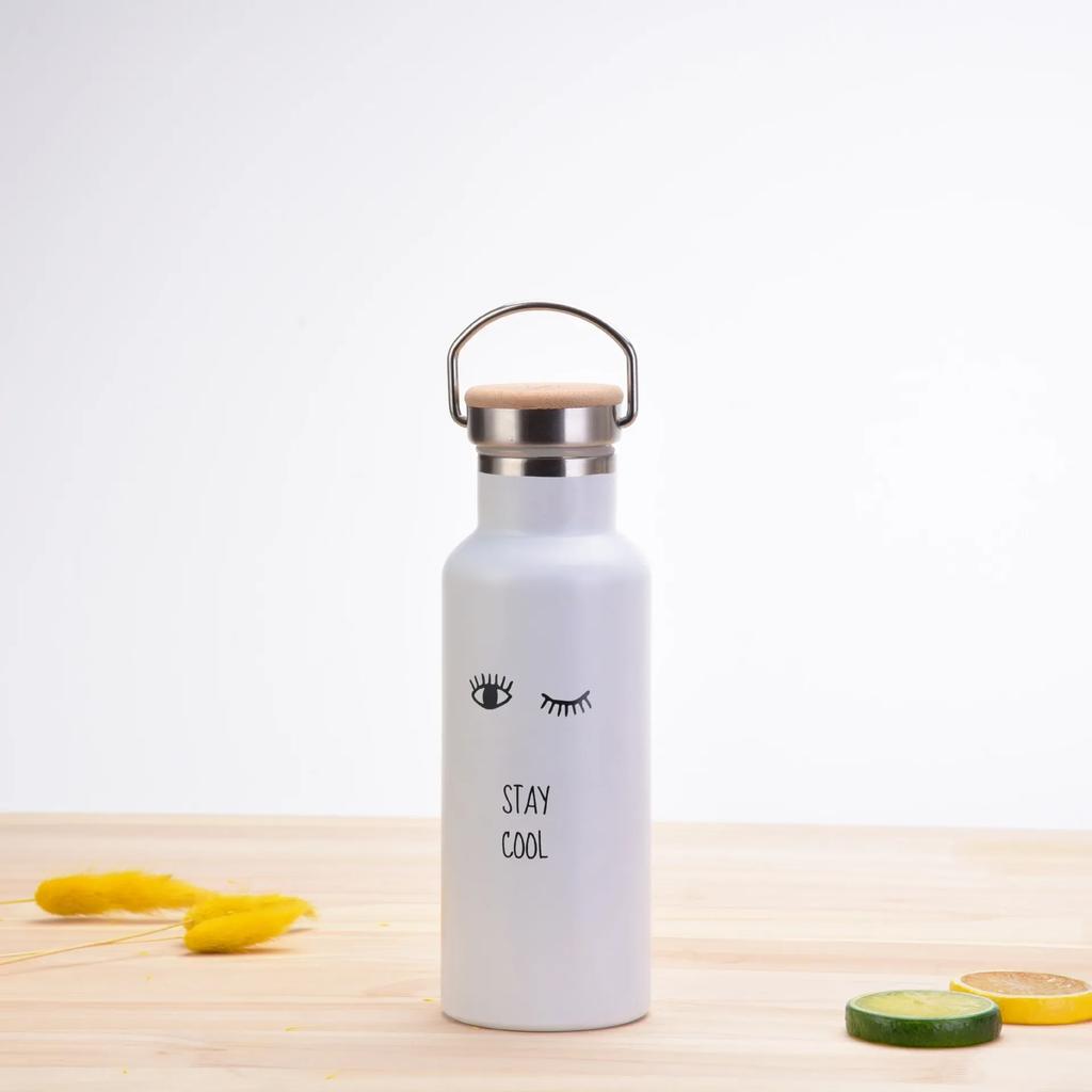 500ML Sports THERMOS CUP With Handle,Bamboo Lid,Printed Drinkware,Stainless Steel Vacuum Flasks,Camping And Gym Water Bottle