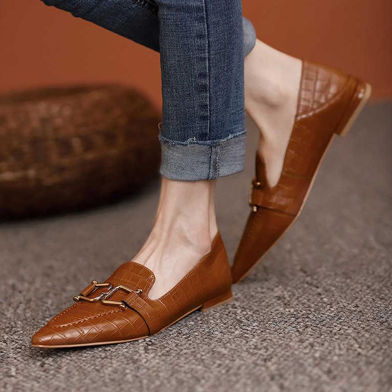 French retro leather loafers pointed metal buckle flat-soled small leather shoes with one pedal low heel medium mouth soft leather single shoes