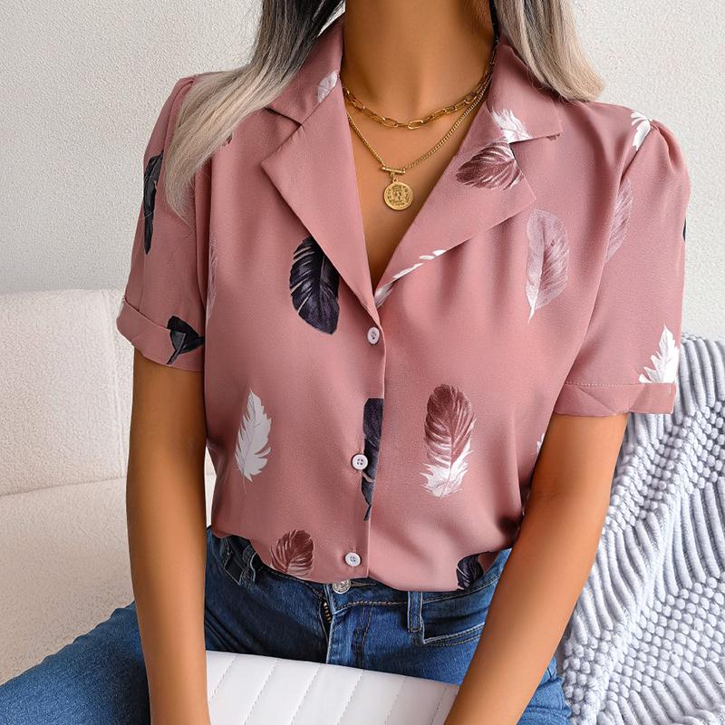 Women Summer Short Sleeve Lapel Feather Printed Casual Office Shirt Blouse Top