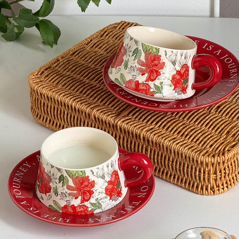 Yto Scarf Red Premium Peony Ceramic Coffee Cup Saucer Afternoon Camellia Tea Cup French Retro Style Medieval Mug High-End Sense