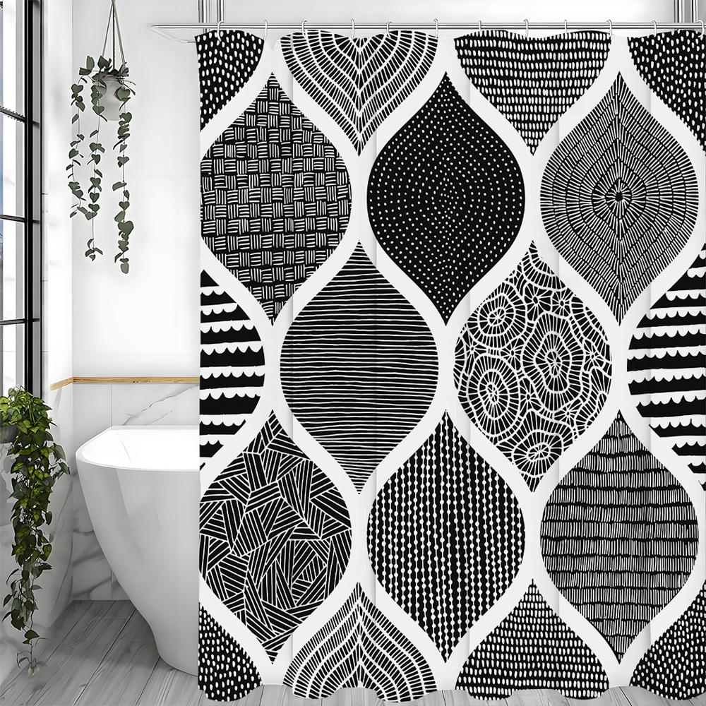 Black Geometric Floral Bohemian Shower Curtain, Bathroom Decorative Shower Curtain, Waterproof Shower Curtain with Hooks