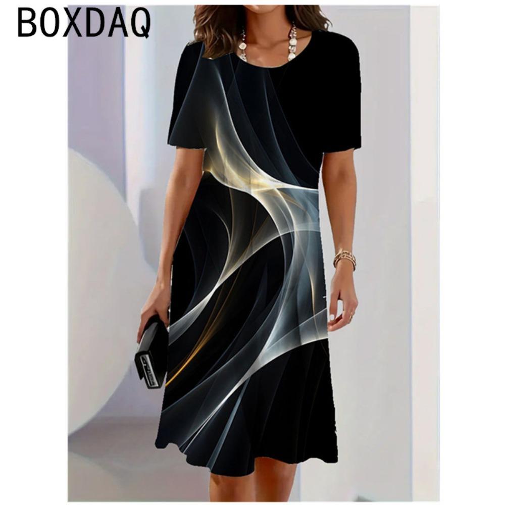 

Fashion 3D Colorful Line Stripe Gradient Printed Dress Casual O-Neck Short Sleeve Loose A-Line Dress Oversized Women Clothing S