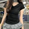 Fake two-piece streamer slinger collar top short-sleeved t-shirt women's summer lace splicing waist pleated short top