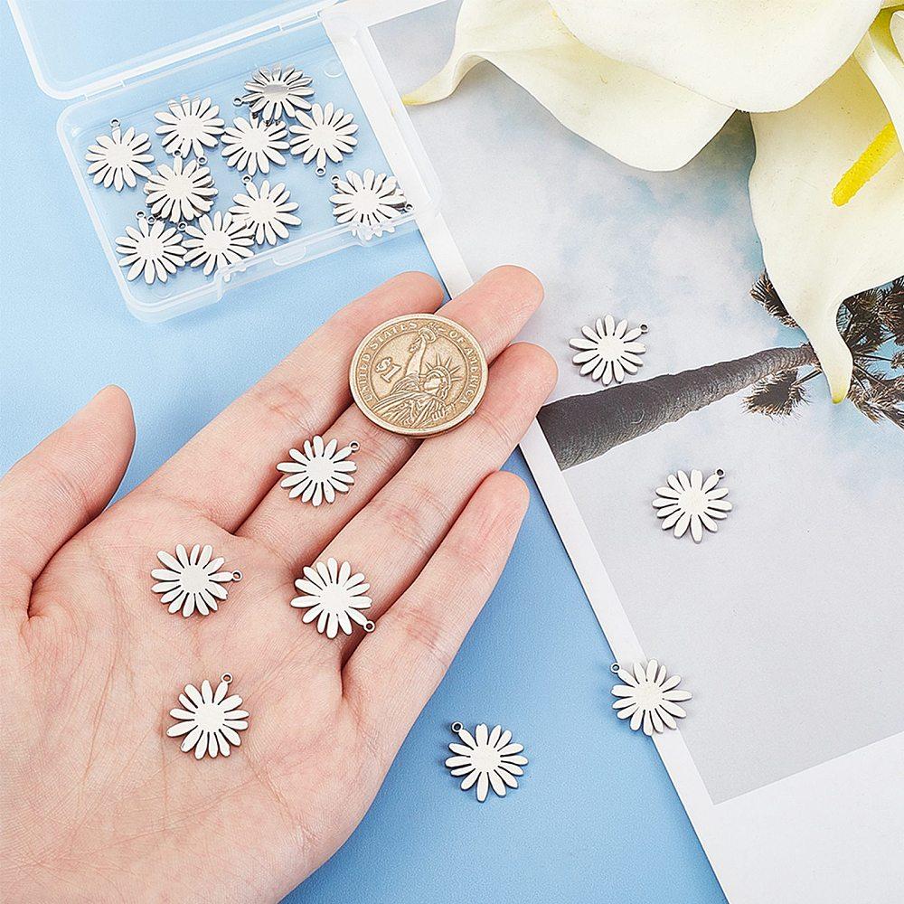 20Pcs 201 Stainless Steel Pendants Laser Cut Chrysanthemum Stainless Steel Color 17x14x1mm Hole: 1.2mm