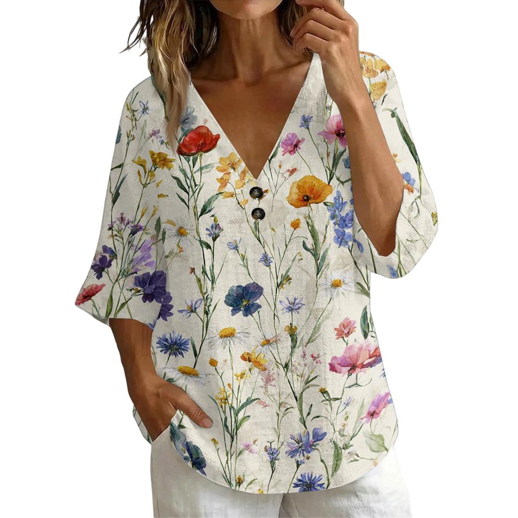 Womens V Neck Vintage Floral Print Loose Fit Short Sleeve Linen Blend T Shirt Lightweight Casual Summer Top with Button Detail