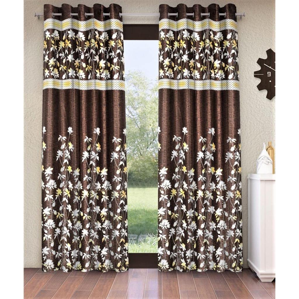 2 Piece Flower Border Panel Eyelet Polyester Long Door Curtains - Brown
