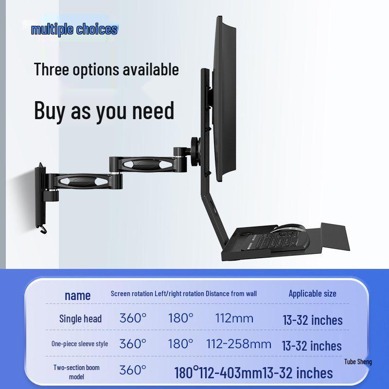Wall-Mount Industrial Monitor Stand with Retractable, Rotating Bracket for Computer Screen and Keyboard