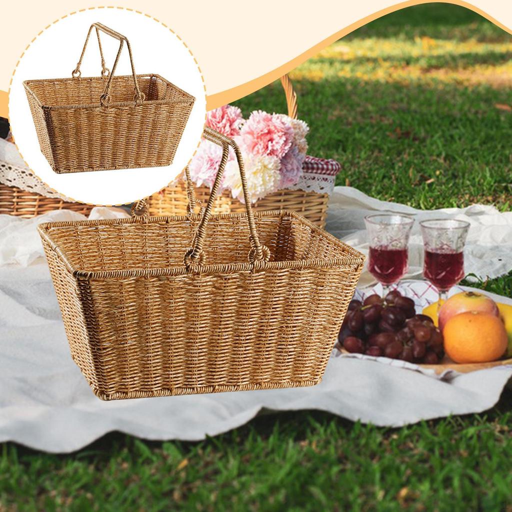 Imitation Rattan Kitchen Tote Basket Multifunctional with Foldable Handle for Dining Table