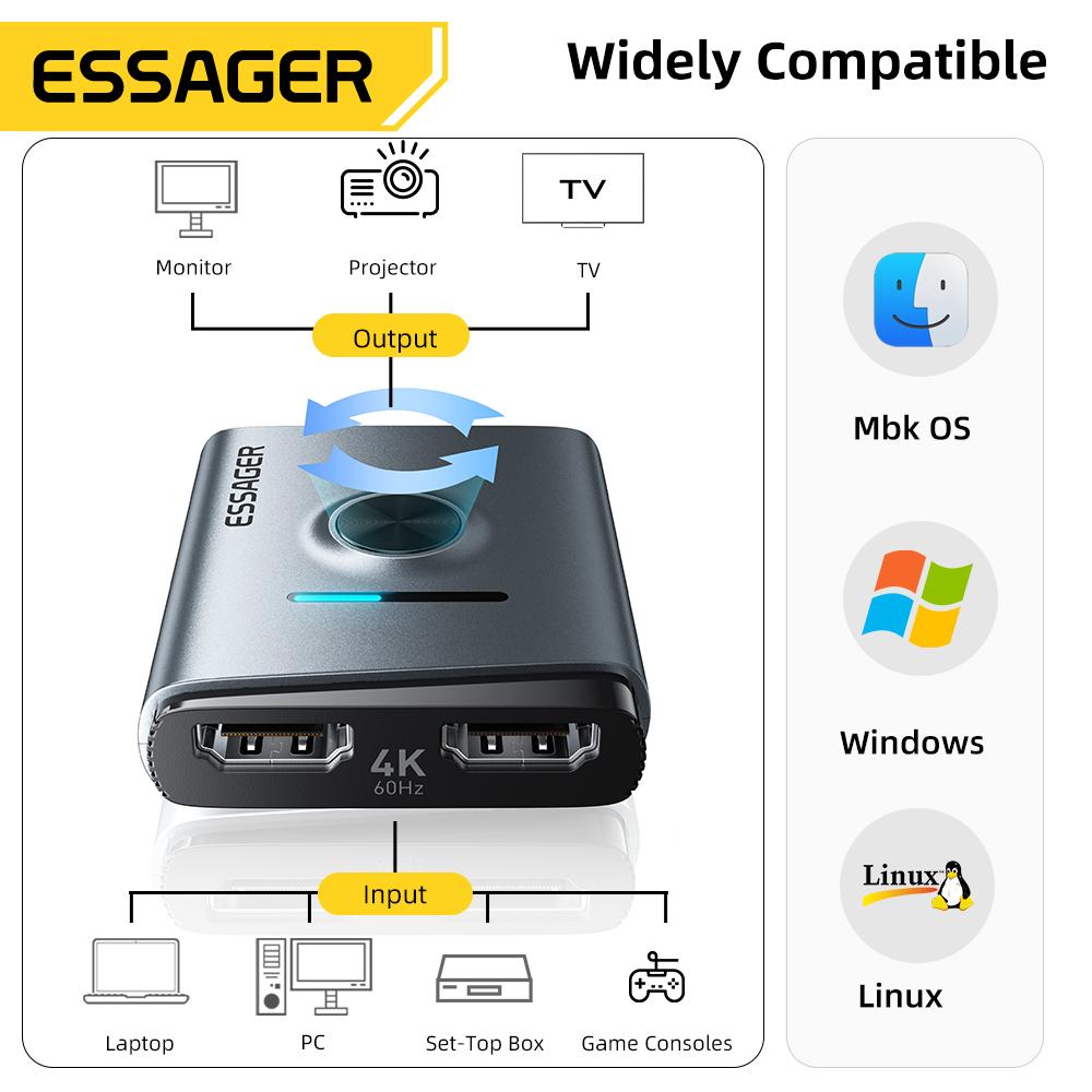 Essager 4K@60Hz HDMI Switcher - Bi-Directional 2 in 1 Out / 1 in 2 Out HDMI Splitter, HD Adapter for PC, PS5, Xbox, TV Box, Monitor & Projecto
