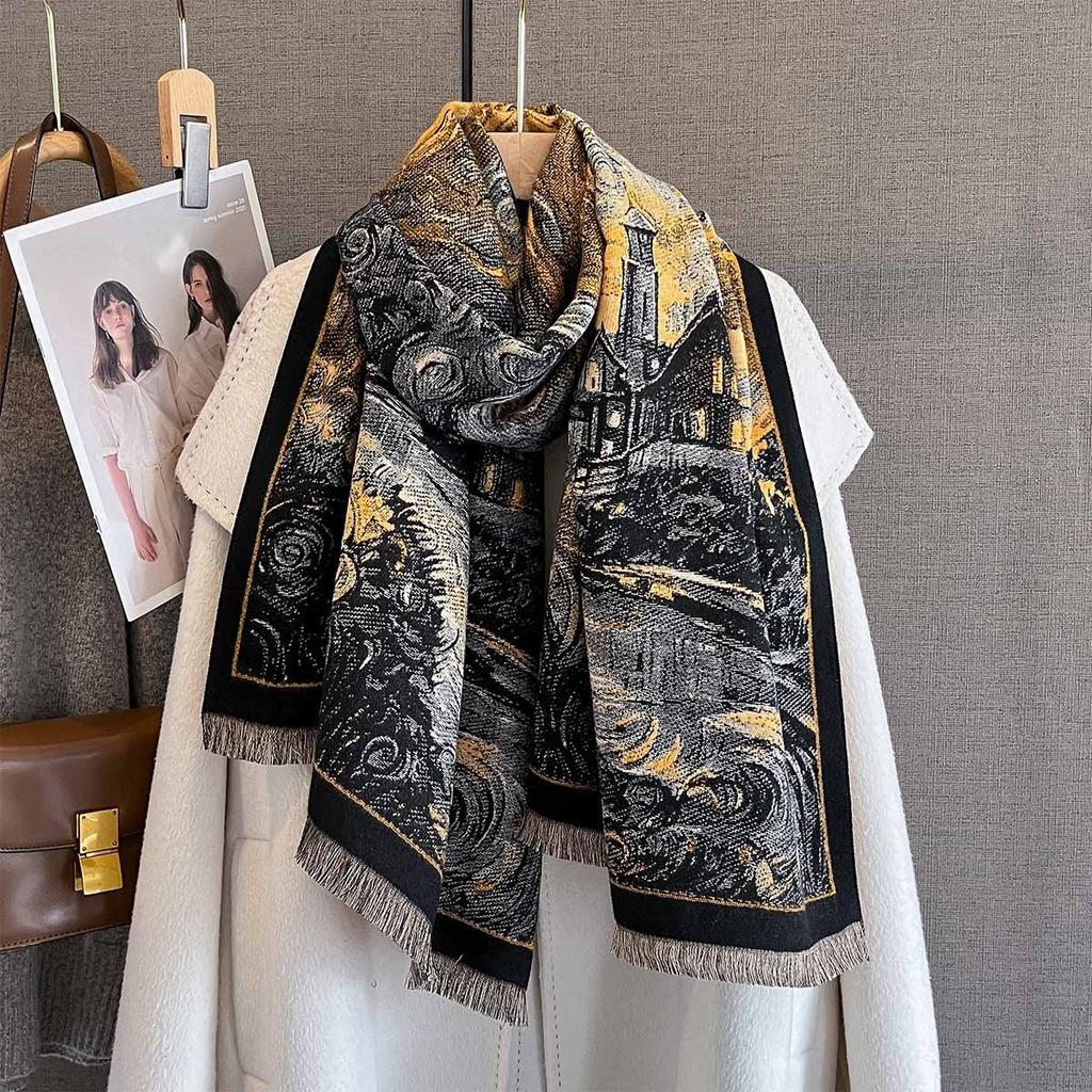 Autumn/Winter Warm Scarf 185*65cm Tassel Shawl New Women's Imitation Cashmere Thickened Warps Coldproof Windproof Blanket