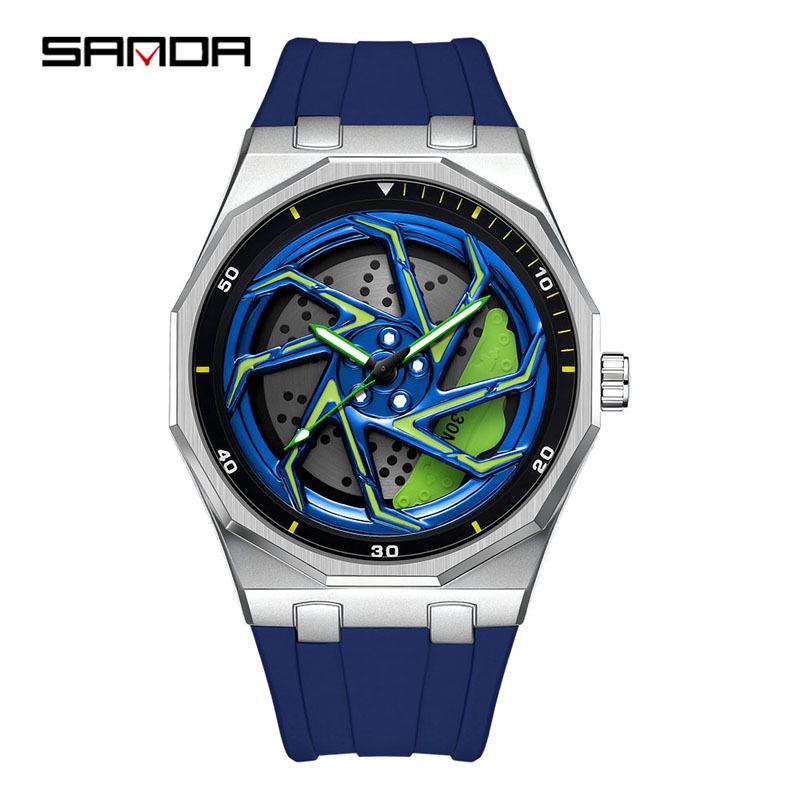 Sanda Men's Waterproof Alloy Car Wheel Design Silicone Wristwatch