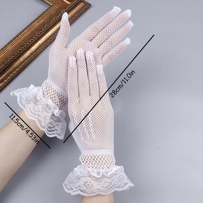 1Pair Soft Ruffle Lace Mittens Full Finger Thin Fishnet Mesh Gloves Mesh Hollow Out Lolita Lace Gloves