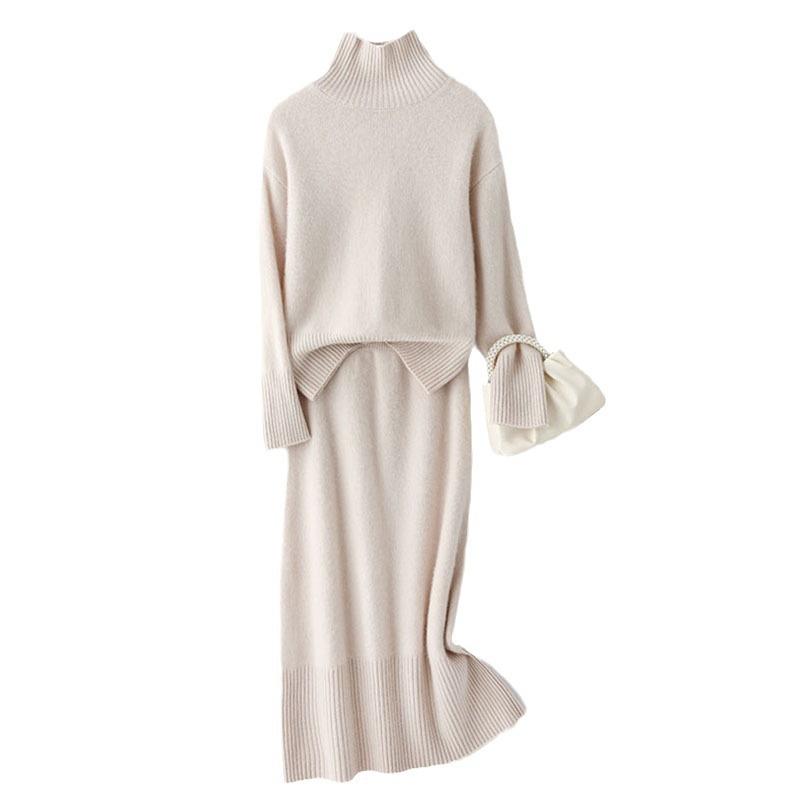 turtleneck sweater set autumn and winter new solid color simple casual lazy style temperament pullover bottoming knitted sweater skirt