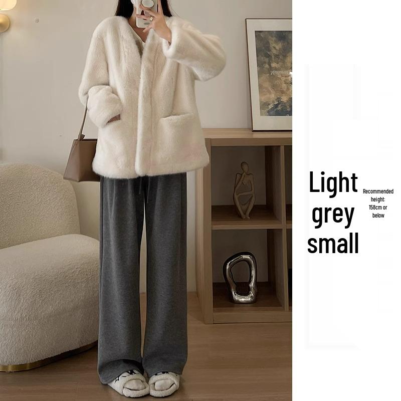 Petite Women's High Waist Oatmeal Wide Leg Pants XS - Spring/Autumn Casual Straight Leg