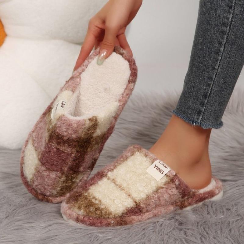 Retro Checkered Cotton Shoes, New Indoor Soft-soled Warm Slippers for Women
