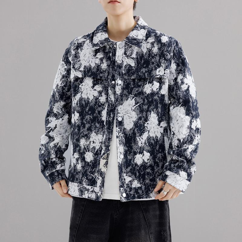 Men's Floral Print Denim Jacket, Vintage Button Down Trucker Jacket with Turn-Down Collar, Casual Streetwear Outerwear for Spring & Autumn
