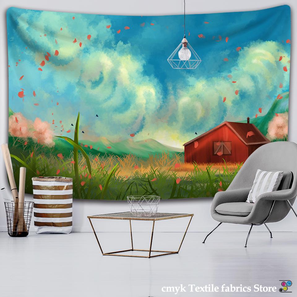 

Красный дом картина маслом гобелен настенный голубое небо луга богемная психоделическая ферма общежитие студия Настенный декор 95x70CM