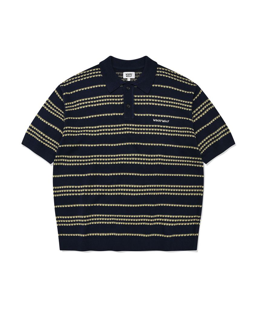 WACKY WILLY Basic Logo Striped Collar Sweater Navy