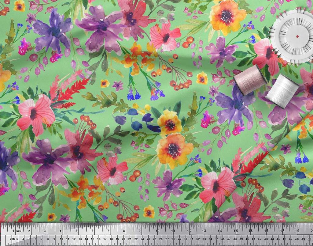 Soimoi Japan Crepe Satin Fabric Flower & Leaves Watercolor Decor Fabric Printed metre 42 Inch