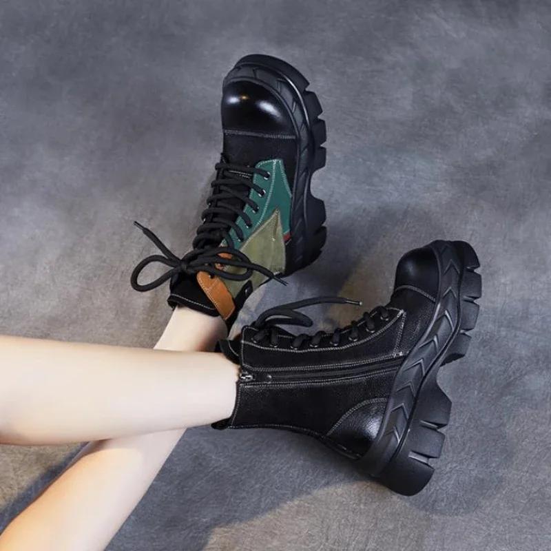 Móda 2024 Nové Dámské Kozačky na Silném Podpatku Zimní Teplé Pravá Kůže Kulatá Špička Platforma Smíšené Barvy Retro Styl Ručně Vyráběné Bavlněné Kozačky