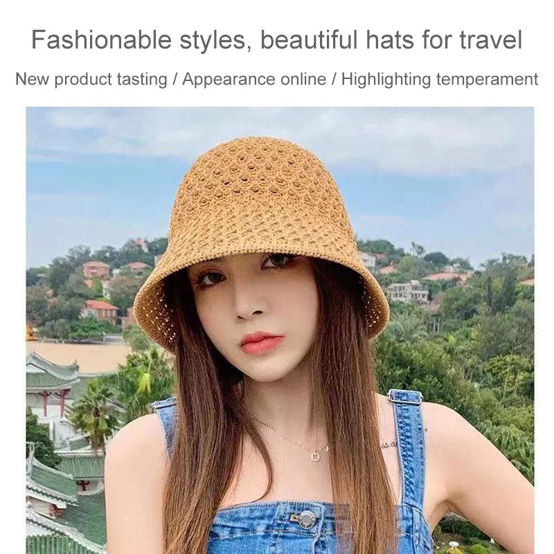 Bucket Hat Spring Summer Hollow Knitted Hat Solid Color Sunhat Fisherman Caps Casual Foldable Beach Cap