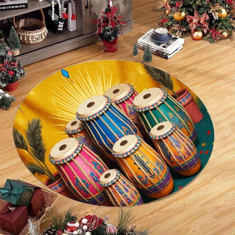 Kleurrijke Trommelinstrumenten Ronde Vloerkleed Flanellen Muziek Thema Decor Levendige Patronen Antislip Vloermat Cultureel Artistiek Huis Vloerkleed 40cm-dia.