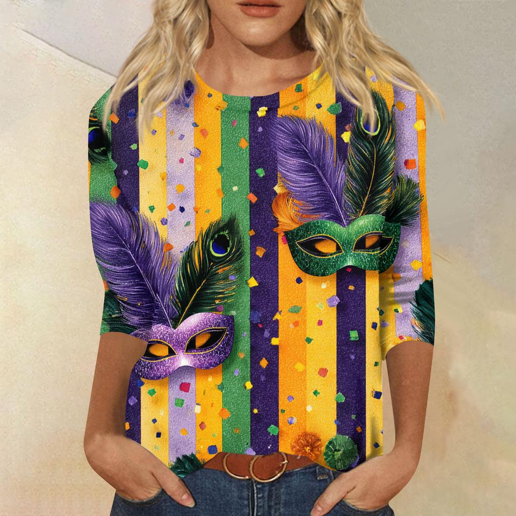 Women's Fashion Casual Round Neck Three-quarter Sleeve Carnival Print T-shirt Top