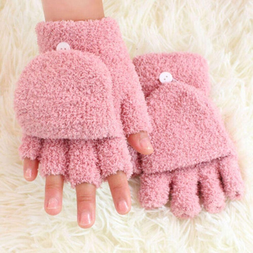 

Fashion Womens Outdoor Fleece Mittens Half Capped 2 in 1 Fingerless Gloves рожевий