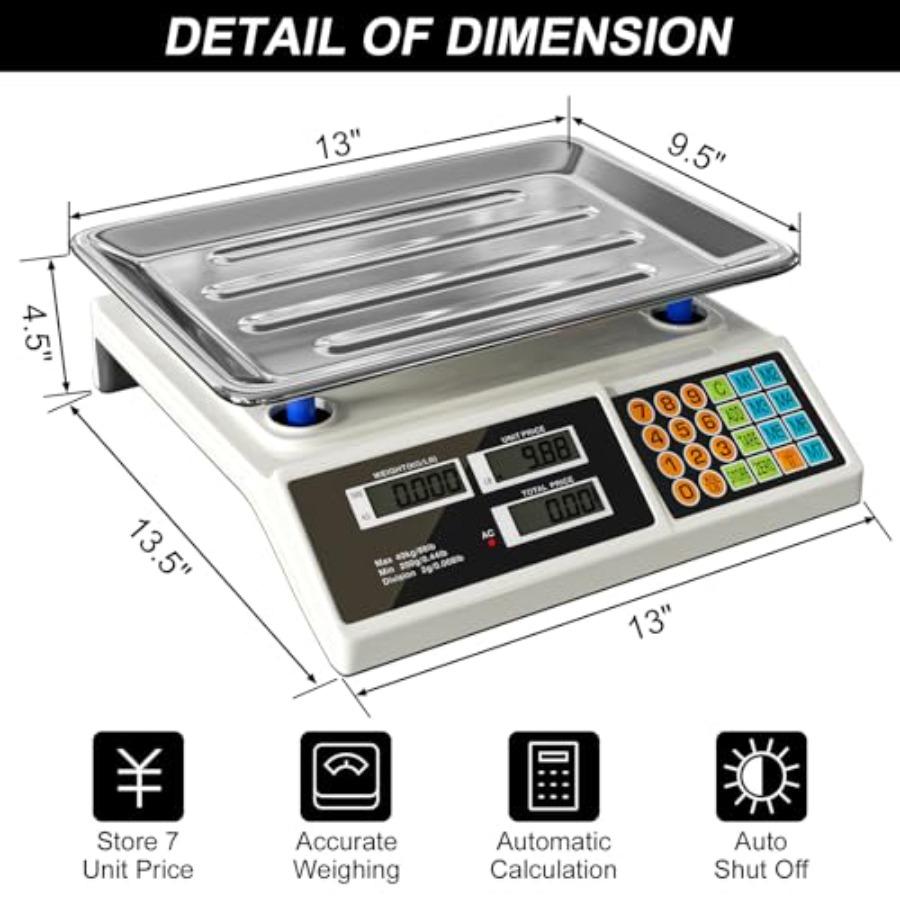 Price Computing Scale 88lb/40kg LCD Digital Commercial Price Scale with Stainless Steel PlatformProduce Scale Food Scale for Fa