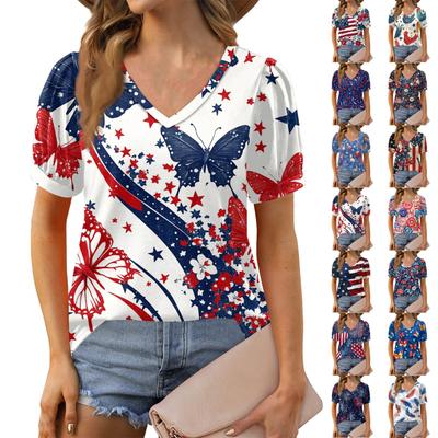 Damenmode Unabhängigkeitstag Print Top Puff Kurzarm V-Ausschnitt T-Shirt Locker Lässig T-Shirt