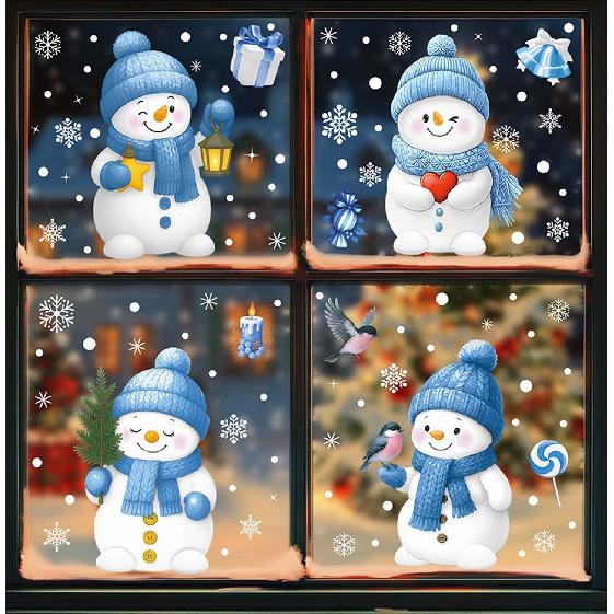 Christams 3 Birds in Red Santa Hat Window Clings, Xmas Theme Flower Birds Design Glasses Decorations, 11.8 * 10.6Inches Size Chritsmas Window