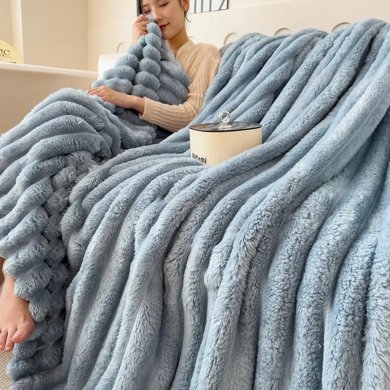 Solid Thickened Wide Striped Flannel Multifunctional Throw Blanket Luxury Faux Rabbit Fur Warm Bed Blankets Sofa Blanket,nap Blanket