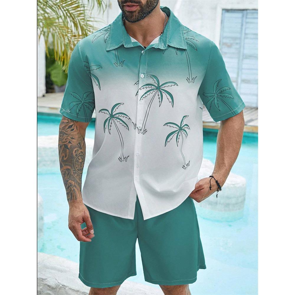 Summer New Men's Coconut Print Shirt Set High-quality Fashion Trend Shorts Hawaiian Style Casual Pool Top Outdoor Beach Two-piece Set