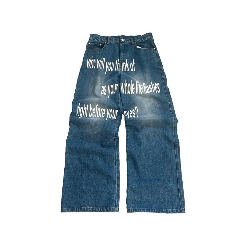 Pantalones vaqueros anchos para hombre con estampado de letras retro americano y lavado