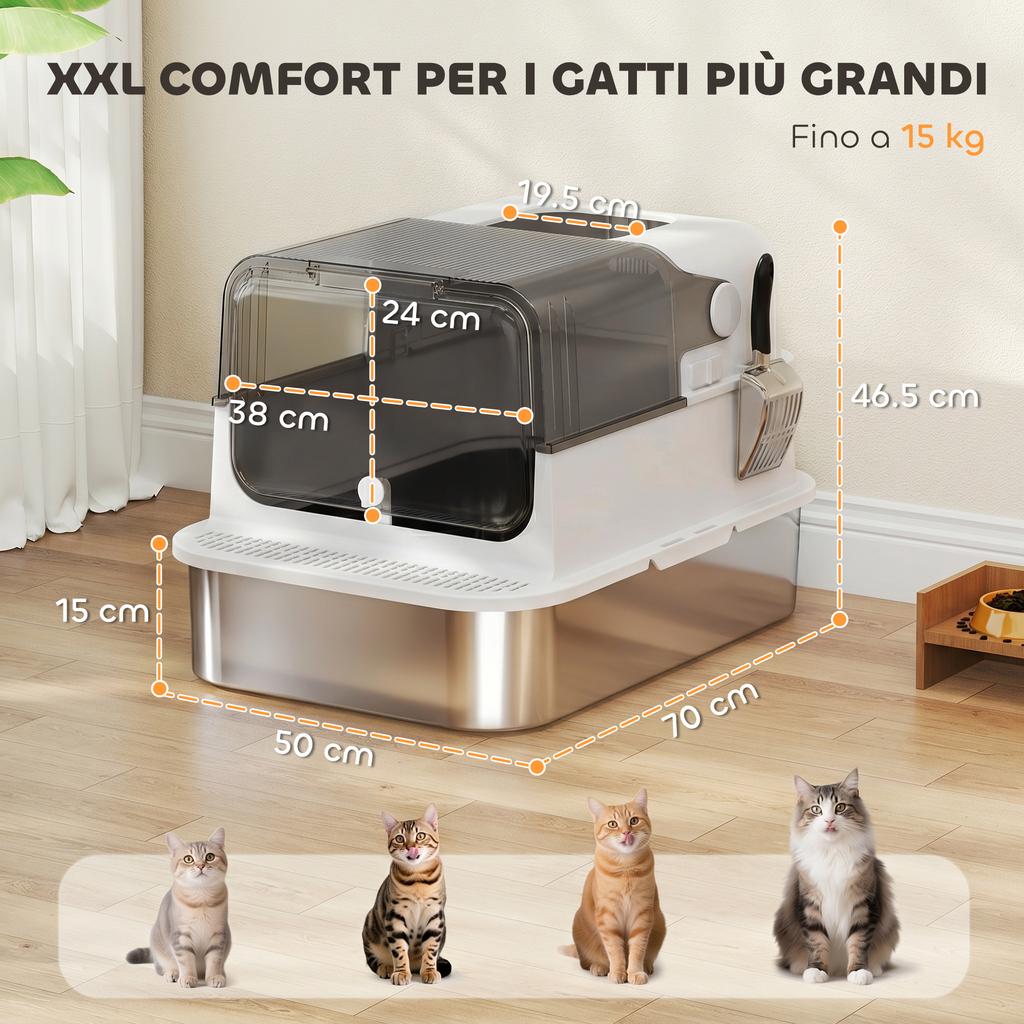 52L Stainless Steel Enclosed Cat Litter Box with Flip Lid, Double Door, Scoop, White