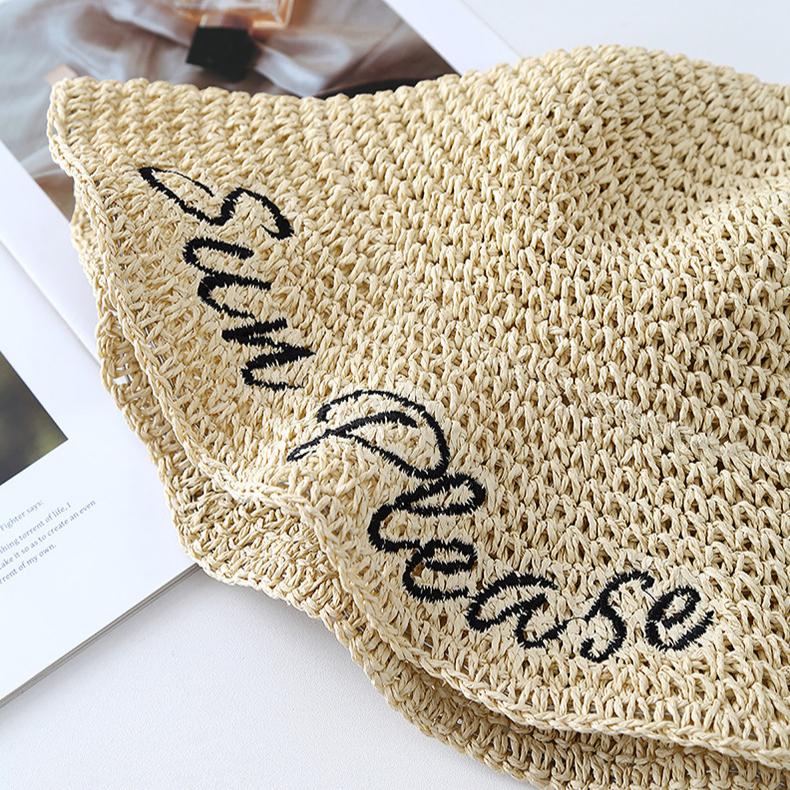 New Straw Hat Female Letter Spring and Summer Hollow Breathable Bucket Hat Seaside Vacation Sun Hat
