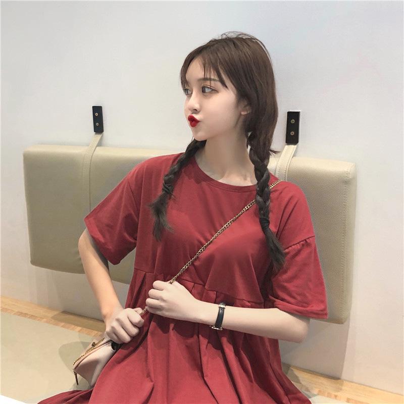 Maternity Summer Babydoll Dress - Short Sleeve, Mid-Length, Korean Style, Loose Fit, Plus Size, Round Neck Skirt