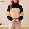 ZANZEA Women Casual Stand Collar Patchwork Loose Long Sleeve Tee Tops