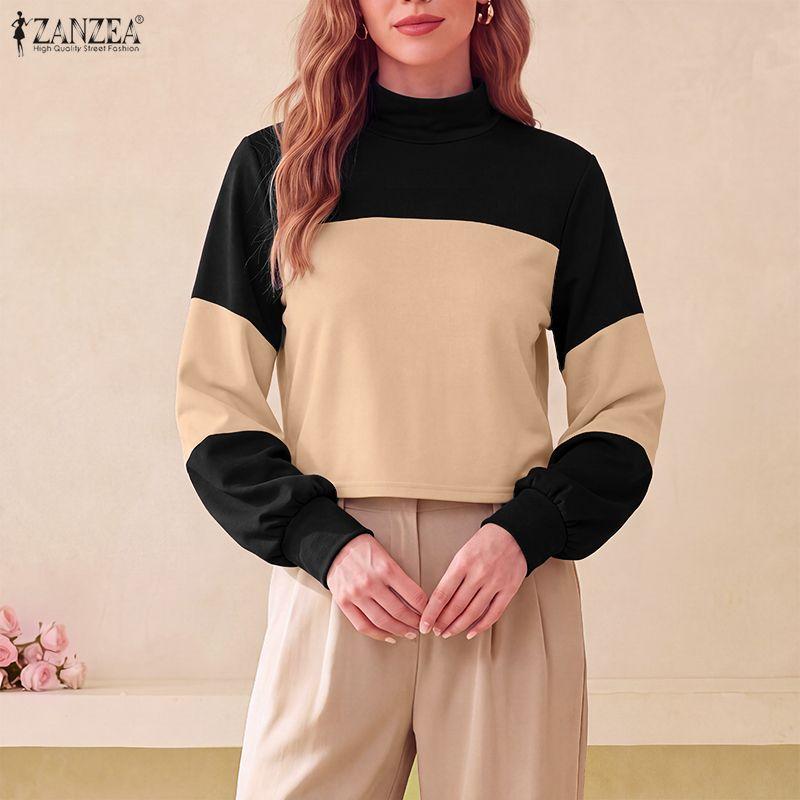 ZANZEA Women Casual Stand Collar Patchwork Loose Long Sleeve Tee Tops