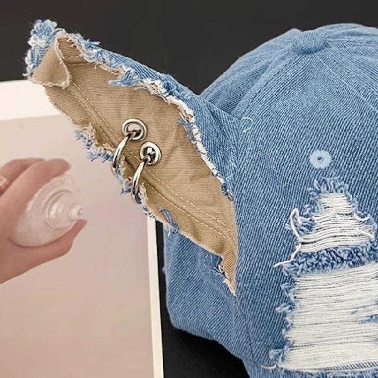 Grunge-Hut für Damen, verstellbarer Riemen, Used-Look-Trucker-Cap mit Hundeohren und Metallringen, Punk-Kopfbedeckung für Musikfestivals