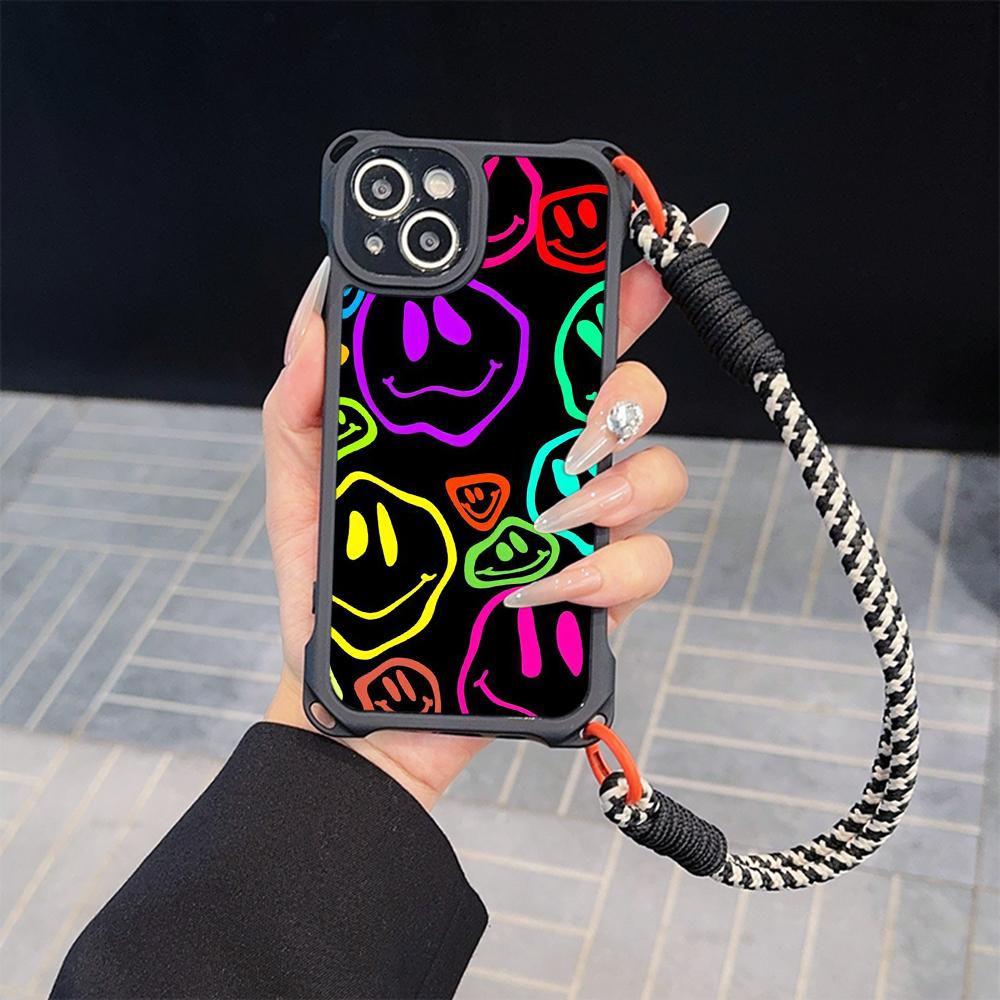 Ae88 Lovely Smiley Art Soft Phone Cases for iPhone 16 15 14 13 12 11 Pro Max XR with Wrist Strap Lanyard Corner Protection Back Cover