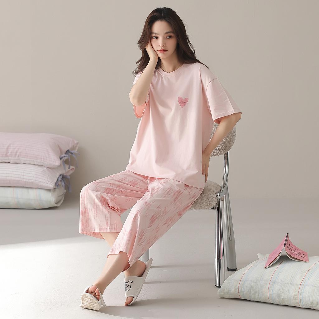 Short-sleeved Cropped Pants Pajamas Women's Spring and Summer New Pure Cotton Summer Thin Large-size Loungewear Suit